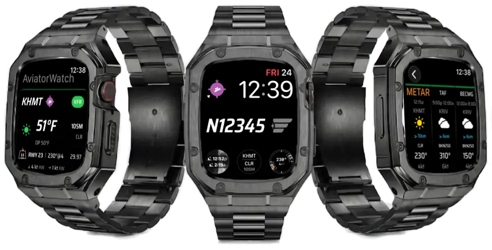 AviatorWatch complications shown across multiple Apple Watch faces