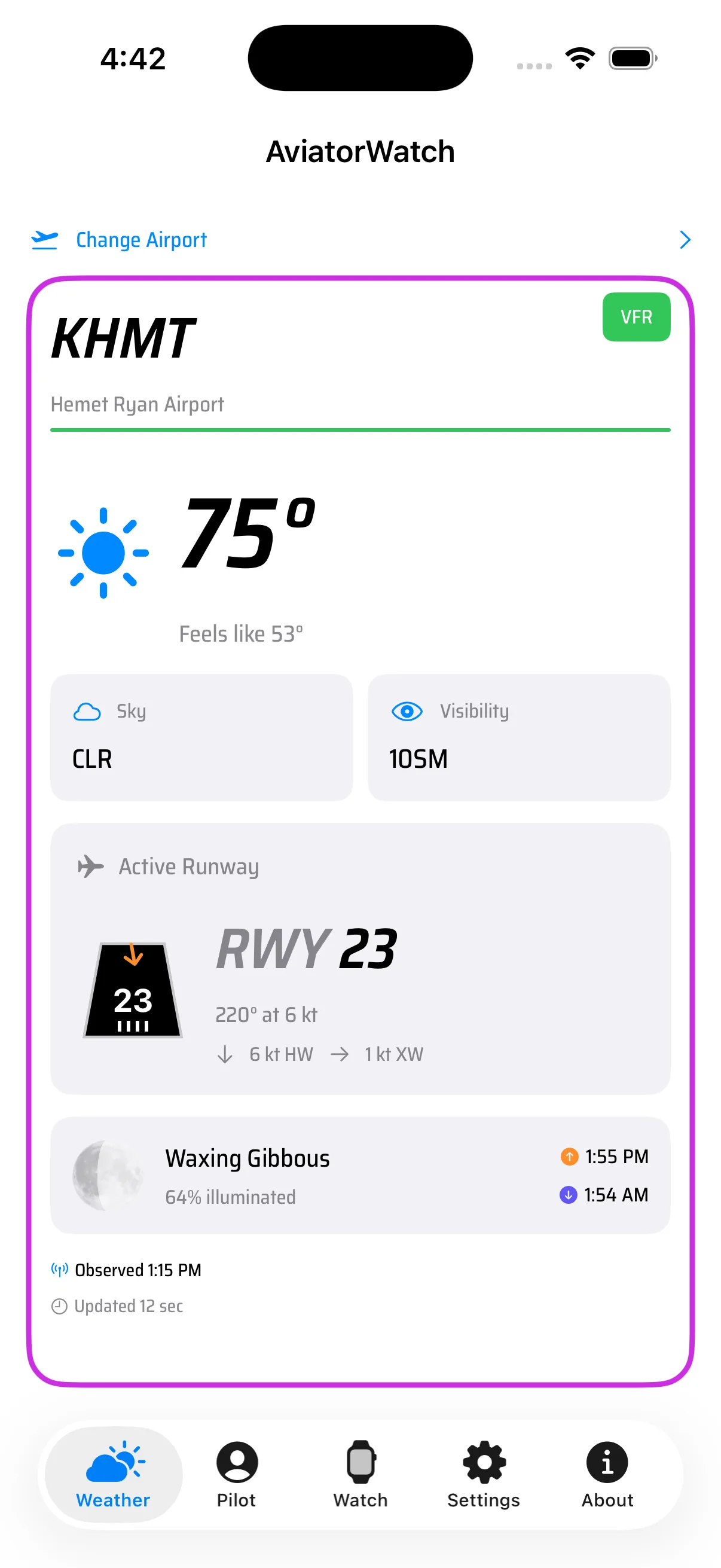 AviatorWatch iOS companion app showing the KHMT weather card