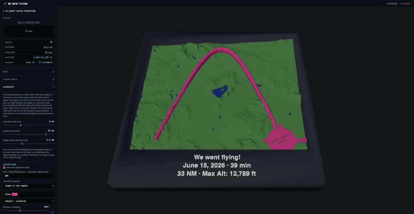 The tool in a browser: a dark settings panel on the left with map, flight path, airport and frame controls, and a 3D preview of the finished piece on the right