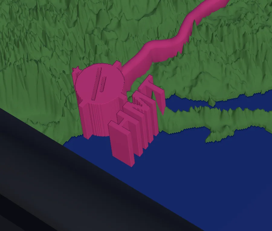 A 3D preview showing the airport symbol rendered as a tall pillar rising out of the terrain beside a lake, with the identifier letters standing up like slabs