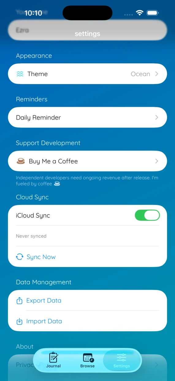 I Did Five settings screen on a colored theme with a visible supporter badge and coffee icon