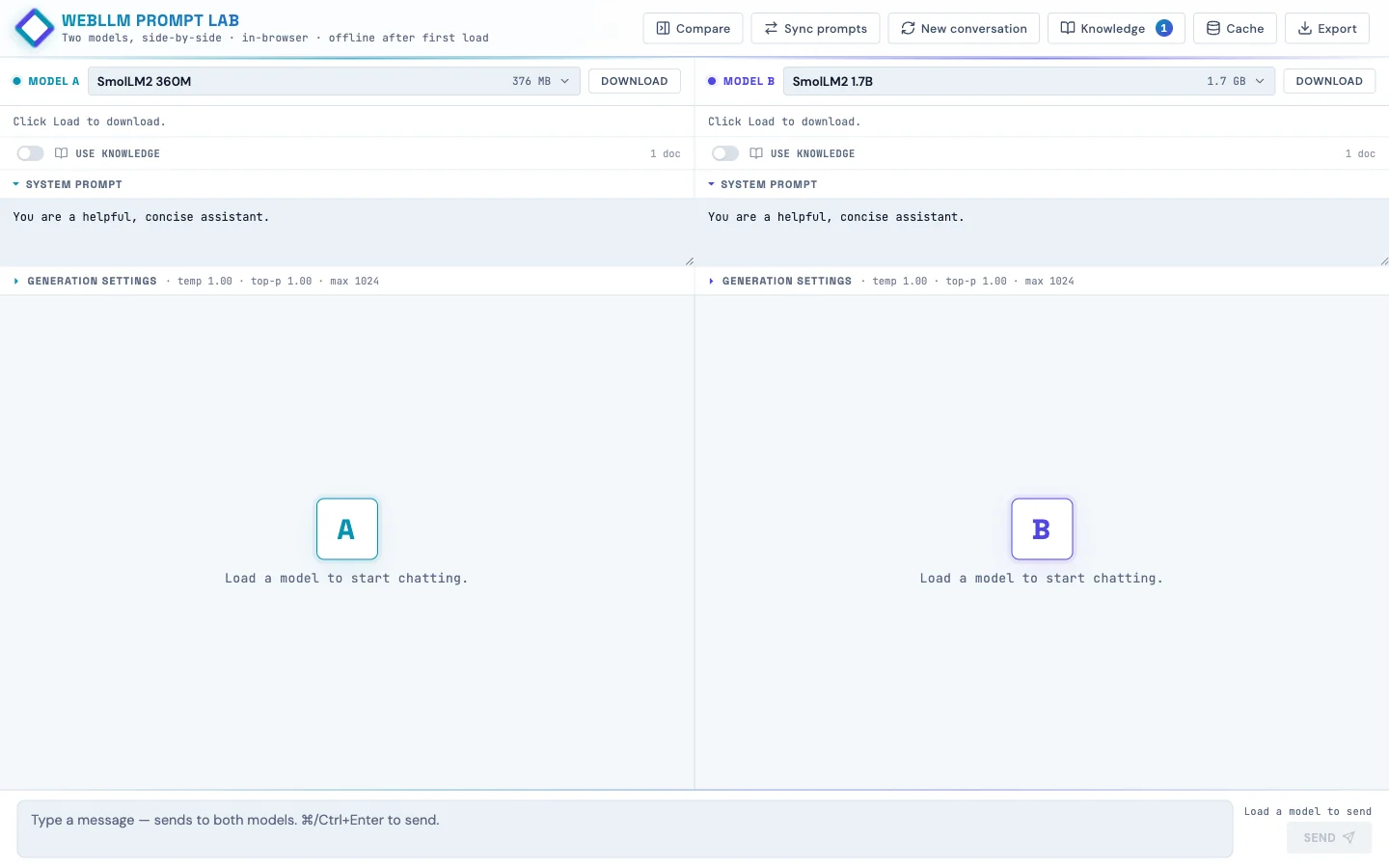 WebLLM Prompt Lab desktop view, two panes ready to load models, header with Compare/Sync/New/Knowledge/Cache/Export buttons